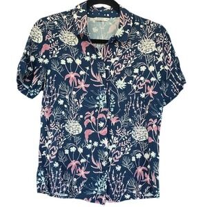 EDC by Esprit Navy Floral Print Button Up Short Sleeve Shirt Women's Size S